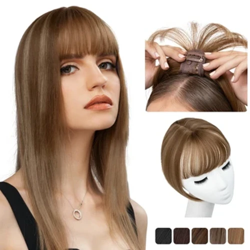 Clip synthetig 10 modfedd mewn Topper Gwallt Gyda Bangs Syth Uwchben Gorchudd Amnewid Anweledig Naturiol Darn Gwallt Clec Gwyn