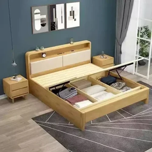 Nội thất đa chức năng khung giường gỗ nguyên khối Giường gỗ sồi có tủ đựng đồ đầu giường cho phòng ngủ