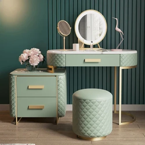 Commode à lumière Led minimale, tabouret vert nordique moderne, coiffeuse esthétique, miroir de maquillage, meubles de chambre à coucher