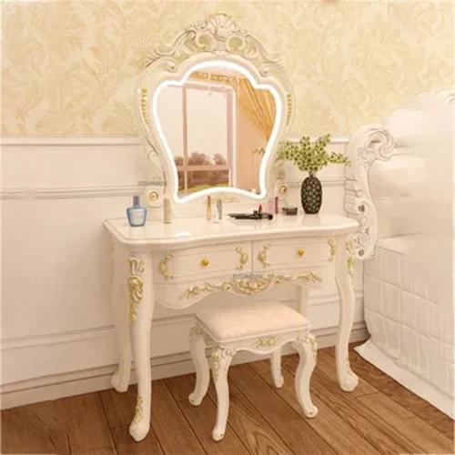 Europeiska köksskåp för sovrumsmöbler Light Luxury Ins Vit Sminkbord Makeup Sminkbord med ljus spegel Sovrumsset