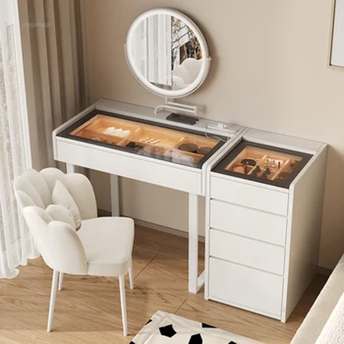 Nordic Solid Wood Smart Drebsers Makuuhuoneen pukeutumispöytä Creative Vanity Desk Kaappi Integroitu Meikkipöytä Smart Lightilla
