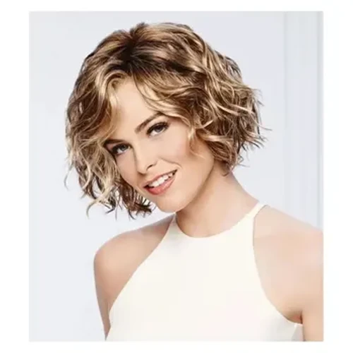 Modesch Fraen Golden Short Curly Wig Bangs Synthetesch Hoer Cover Importéiert Wueren verfügbar fir Dropshipping