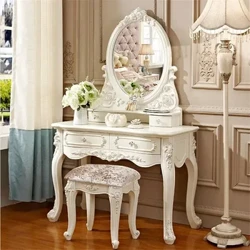 Cômodas europeias conjunto de mesa de vaidade com espelho mesa de maquiagem branca com gavetas e banco-pequena penteadeira de madeira para quarto