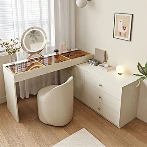 Drwsiwr Desings Bugail Gwyn Salon Gwydr Modern Ystafell Wely Gwneuthurwr Bwrdd Storio Trefnu Merched Schminktisch Funiture