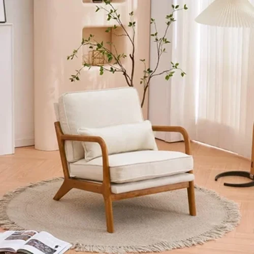 Moderne stue soveværelse stol med puder, massivt træ stel og polstring, beige