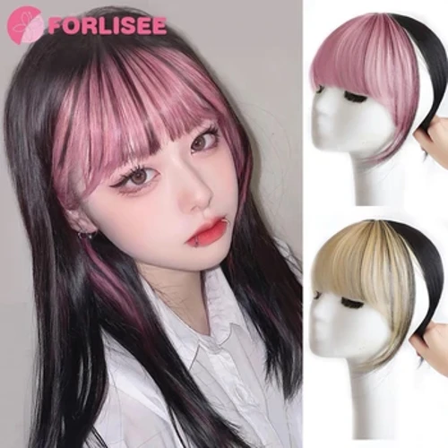 FORLISEE 3D Franse Pony Pruik Met Natuurlijke En Naadloze Voorhoofd Onzichtbare Roze Hoogtepunten Top Haar patch Air Pony