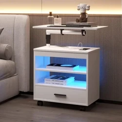 Mesa de cabeceira LED com estação de carregamento e tomadas, mesa de cabeceira moderna, mesa lateral grande, estação de trabalho com bandeja para laptop, roda móvel
