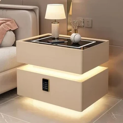 Modern Style Solid Wood Bedside Table with Wireless Charging Smart 2 Drawers Bedroom Nightstands with Lock