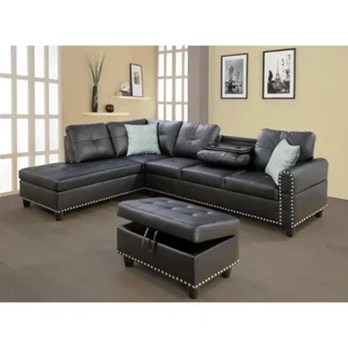 Sofa do salonu 6-osobowa w kształcie litery L, przestronna ze zdejmowaną otomaną, sofa segmentowa tapicerowana sztuczną skórą