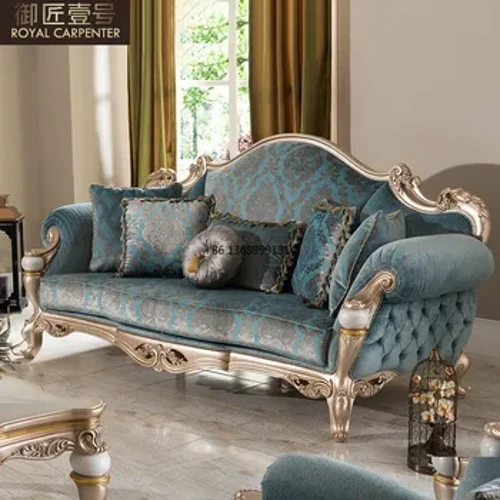 Sofa vải châu Âu kết hợp triều đình Pháp gỗ nguyên khối chạm khắc biệt thự tân cổ điển nội thất phòng khách