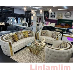 MANBAS Soffa Ystafell Fyw Chesterfield yn Setio Soffa Ledr Adrannol Gwirioneddol Eidalaidd gyda Botymau Lledr, Trimau Dur Di-staen