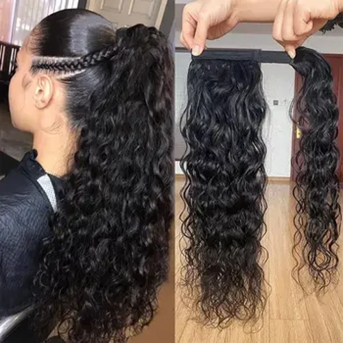 Clip de arándano en extensión de cabello de cola de caballo, cabello humano ondulado con agua, envoltura alrededor de 100G, pieza de cabello de cola de caballo, cuerpo/recto/onda profunda