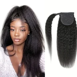 Kinky Straight Ponytail Human Hoer Yaki Straight Ponytail Extension For Women 10-30In Magic Paste Wrap Around Ponytail Hoer