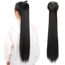 Black Long Straight Gwallt Drawstring Ponytail Gwallt Estyniadau 14-26Inch Gwallt Dynol Cynffon Dwbl Strap Gwallt Affeithwyr ar gyfer Merched