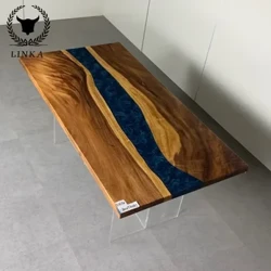 Amerika Kusini Walnutcheap Model dining chumba fanicha asili makali mkutano mbao slab meza juu epoxy resin bluu mto tabl