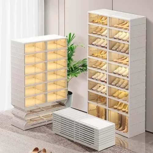 Cabinet Sefydliad Closet, Rack Silff Esgidiau Plastig, Cabinet Esgidiau Cynulliad Hawdd gyda Chaeadau, Cabinet Rack Esgidiau Plygadwy