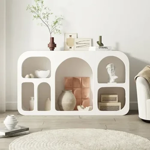 Cremefarbene Vitrine für Wohnzimmer, weißes Höhlenregal, Bodenbücherregal, einfache gewölbte Verandaaufbewahrung