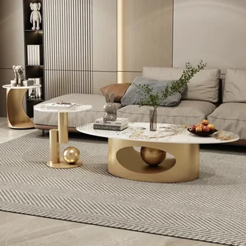 Hiện Đại Đá Cẩm Thạch Tác Dụng Bàn Cà Phê Cao Cấp Chân Kim Loại Bắc Âu Hình Bầu Dục Bên Bàn Trắng Cao Cấp Bàn Bass De Salon Nội Thất Gia Đình