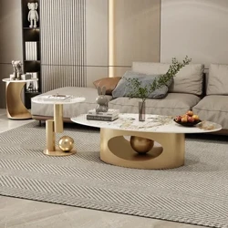 Efek Marmer Modern Meja Kopi Kaki Mewah Logam Nordic Oval Meja Samping Putih Meja Premium Basses De Salon Perabot Omah