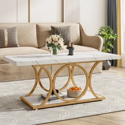 Tribesigns Mesa de centro rectangular, mesas de centro modernas de 47,24 pulgadas para sala de estar, mesa de centro de madera de mármol sintético de 2 niveles