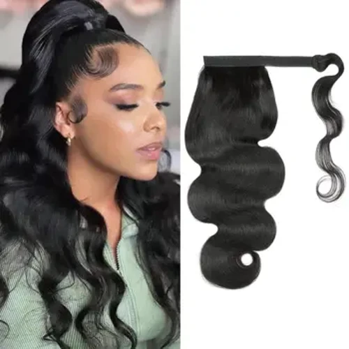Body Wave ponytail žmogaus plaukų apvyniojimas aplink Brazilijos mergelę Remy žmogaus plaukų uodegos priauginimas juodoms moterims Natūrali spalva 1B
