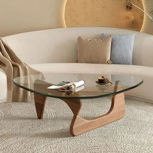 Table basse triangulaire, Table basse moderne, Base en bois, plateau en verre, Table basse en verre, petite Table centrale ovale pour le salon