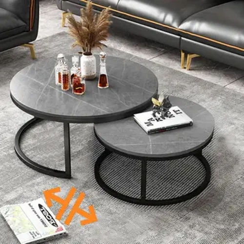 Modern Nesting Round Grey Marble Top Coffee Table Set Sintered Stone Table Metal Legs Kasangkapan sa Bahay