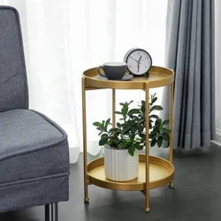 I-Ins Nordic Iron Double-layer Tea Table of Double-layer Room Sofa kanye ne-Bedside Side Table Bedroom Ibhulakufesi Ithebula Lekhofi Elincane Eliyindilinga