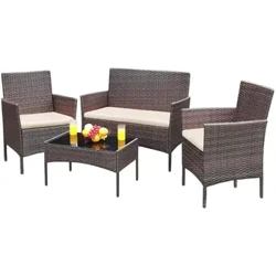 Ensemble de salon de jardin en rotin 4 pièces, groupe de sièges de balcon pour 4 personnes, canapé, chaises simples, table et coussins de siège