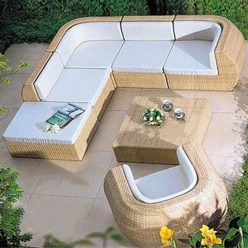 sofá, pátio externo, jardim, proteção solar, cadeira de vime simples, combinação de mesa de chá, móveis de jardim