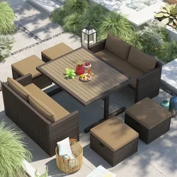 ʻO kēia manawa ka pākaukau pākaukau waho a me ka noho noho sofa terrace PE noho rattan i ulana ʻia ka noho leʻaleʻa pale ʻole i ka lā Pale Nā lako lako kīhāpai.