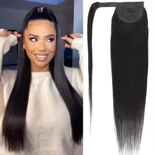 Coadă de cal ieftină Păr uman drept Coadă de cal Remy braziliană Coafuri 100% păr natural Clip în extensii Wrap Around Coada-calului
