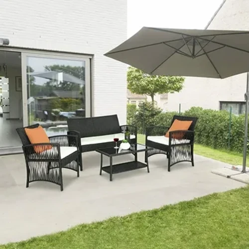 Mây Bộ Bàn Ghế Sân Vườn Ngoài Trời 4 PE Mây Đồ Nội Thất Sân Trong Dệt Len Bộ Ghế Sofa Đệm Bàn Kính W/Ghế Ban Công