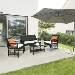 Ifenisha Yengadi Ye-Rattan Isethi Yangaphandle 4Pcs I-PE Rattan Patio Ifenisha Yokwaluka I-Wicker Sofa Isethi Umcamelo Wengilazi Ithebula W/ Izihlalo I-balcony