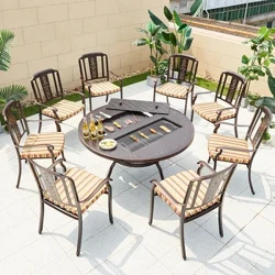 Bwyty Patio Cast Bwyta Rownd 8 Person Parti Awyr Agored Dodrefn Gardd Bwrdd Gril Barbeciw Alwminiwm a Chadeiriau gyda Chlustog