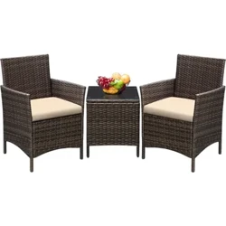 Greesum 3 Vipande vya Samani za Patio PE Rattan Wicker Chair Conversation Set, Brown na Beige, Inchi 26.6x12.1x19.3