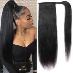 Queue de cheval enveloppe de cheveux humains autour de longues extensions de cheveux raides Remy Extensions de cheveux malaisiens pince Ins postiche de couleur naturelle