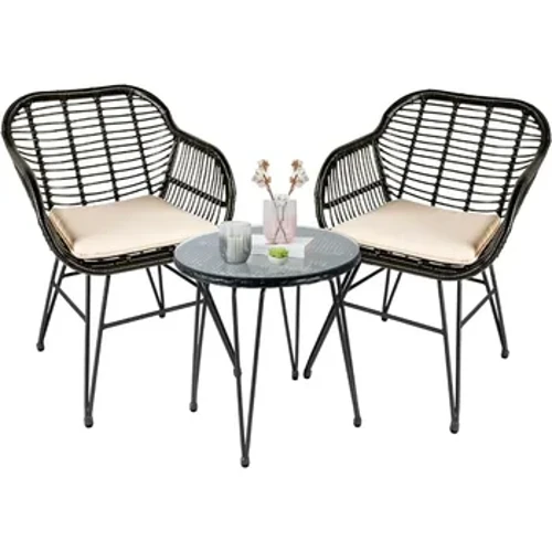 Leasbar Conjunto de 3 peças para conversa em vime ao ar livre, móveis para pátio externo para todos os climas com mesa e almofadas