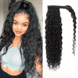 Ponytail Human Hair Wrap Around Deep Wave 100% Human Hair Ponytail Extensions 14-26 Inch Clip in Hair Extensions No nā Wahine #1B