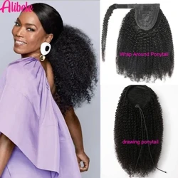 10-28 Zoll Mongolesch Afro Kinky Curly Ponytail Clips An Zeechnung Ponytail Mënsch Hoer Alibele Wrap Around Velcro Hoer Ponytail