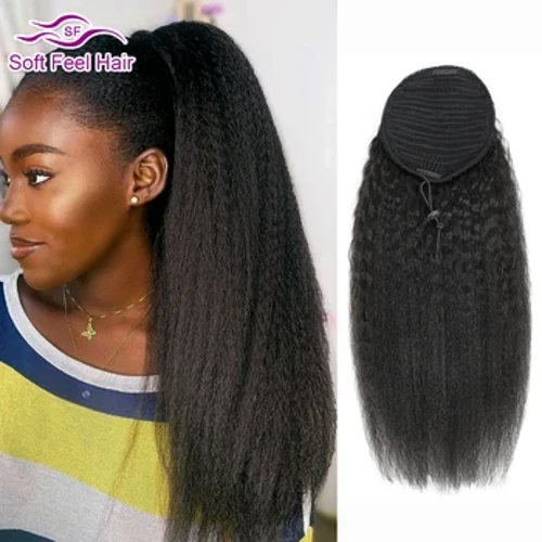 Coada de cal cu șnur Păr uman Afro Kinky drept coadă de cal Extensii de păr brazilian Remy Clip Ins Coada de cal de culoare naturală