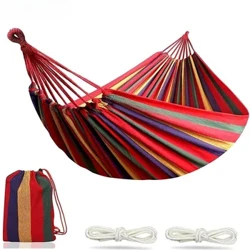Dubbele hangmat 2-persoons canvas katoenen hangmat met boomriemen voor patio tuin achtertuin buiten en binnen (rood, blauw)
