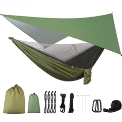 Hammock Gwersylla gyda Tarp Plu Glaw a Mosgito Strapiau Coed Net Pabell Cludadwy Hammock Parasiwt Dwbl Sengl neilon ar gyfer Teithio