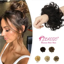 PLADIO 100% doczepy z ludzkich włosów Messy Chignon z frędzlami doczepiane w koński ogon fala naturalny brązowy kok z włosów dla kobiet
