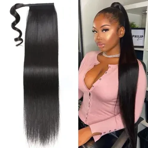 Coada de cal uman lung par drept înfășurat în jurul extensiilor de păr Remy Extensii de păr brazilian Clip Ins Postiță de culoare naturală