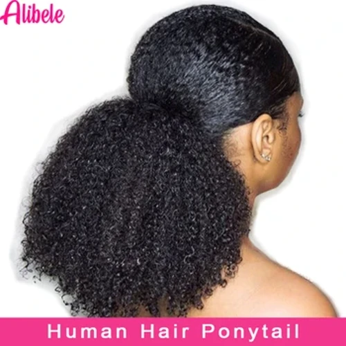 Alibele Mogolian Afro Kinky Curly Drawstring Ponytail Extension Human Hair 4B 4C Remy 10-28inch Long Clip In Ponytail Extension