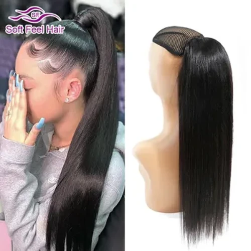 Cordon queue de cheval Extensions de cheveux humains avec pince en queue de cheval droite naturelle cheveux brésiliens Remy cheveux queues de cheval pour les femmes