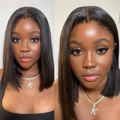 Peluca Bobo corta para mujer, peluca de encaje sintético de pelo liso hasta los hombros con raya media para mujeres negras