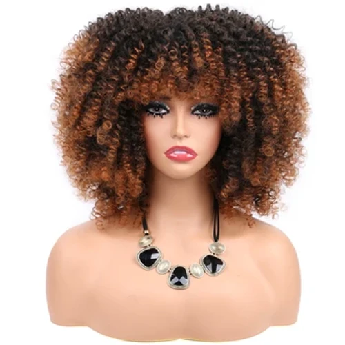 Kuerz Hoer Afro Kinky Curly Perücke Mat Bangs Fir Schwaarz Fraen Cosplay Lolita Synthetesch Natierlech Glueless Braun Gemëscht Blonden Perücken