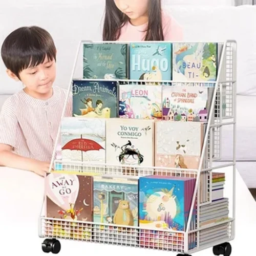Biblioteci pentru copii Cărucior Raft pentru depozitare imagini Fier mobil Raft pentru cărți cu fața în față Mini Bibliotecă Stand cărucior Organizator pentru cameră pentru copii